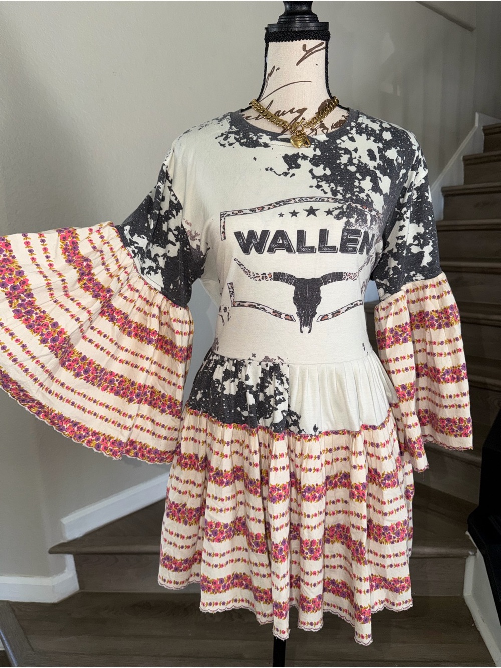 WALLEN Graphic Boho Bell Sleeve Tiered Dress - Cream & Black with Pink Floral